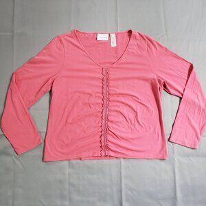 Liz Claiborne V-Neck Long Sleeve Cotton Top Mesh Accent Coral Pink Size XL